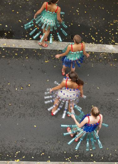 socially engaged work, life preservers, bottle, dress, climate change